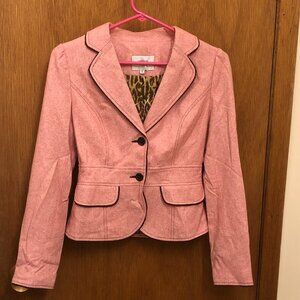 Pink blazer with brown trim and leopard print inner lining